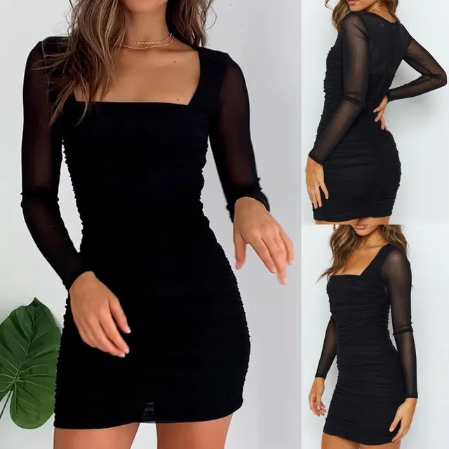 Women Bodycon Dress with Sheer Sleeves and Square Neck Fitted Design