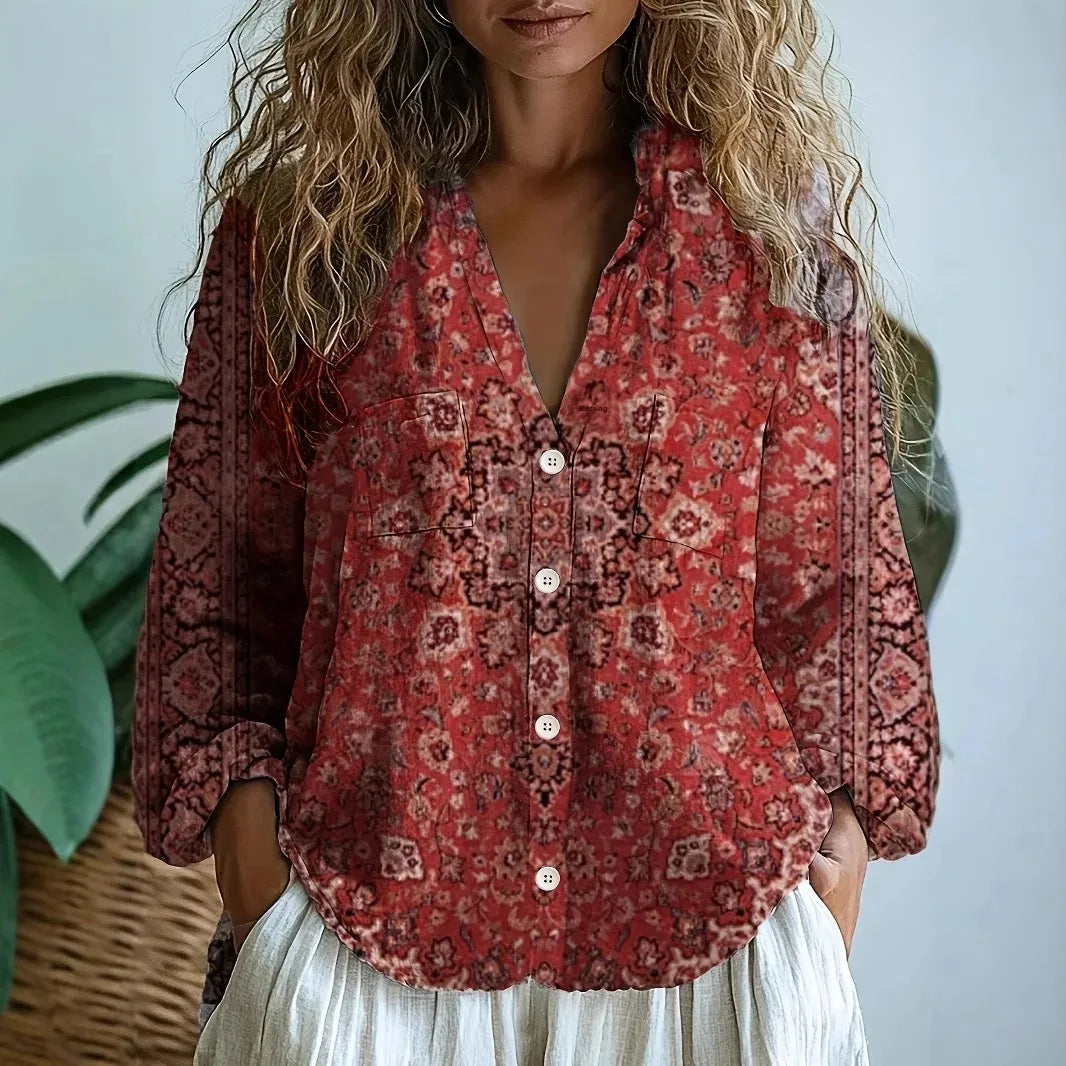 Women's Botanical Print Blouse with Decorative Contrast Trim