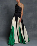Damen einseitiges Maxikleid mit plissiertem Rock und Colour-Block-Design