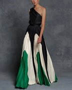 Damen einseitiges Maxikleid mit plissiertem Rock und Colour-Block-Design