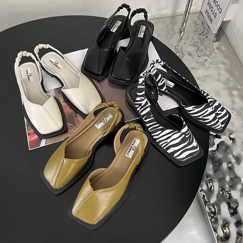 Women's Square Toe Slingback Flats with Elastic Back Strap and Cushioned Comfort Insole