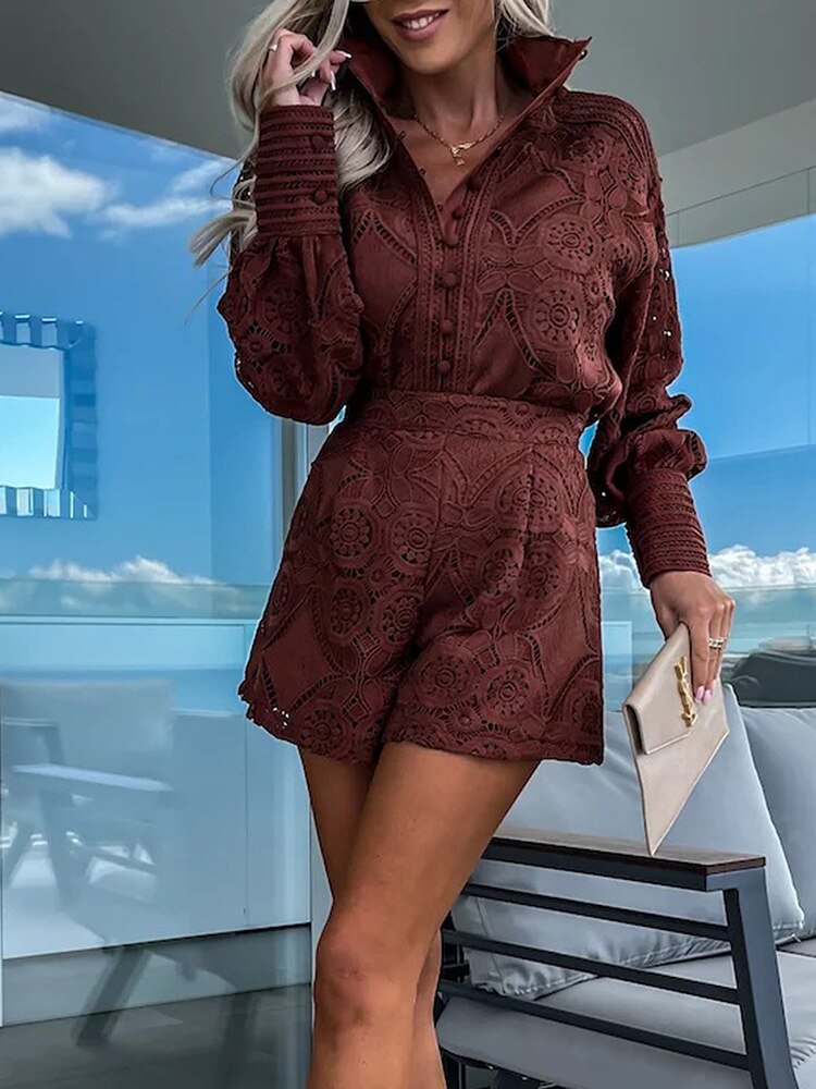 Women's Floral Lace Long Sleeve Romper with Button-Front Detail and High-Waist Fit