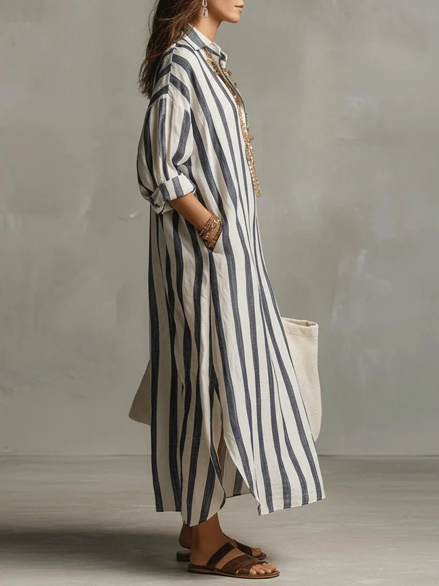 Women's Striped Collared Maxi Shirt Dress