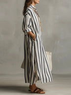 Women's Striped Collared Maxi Shirt Dress