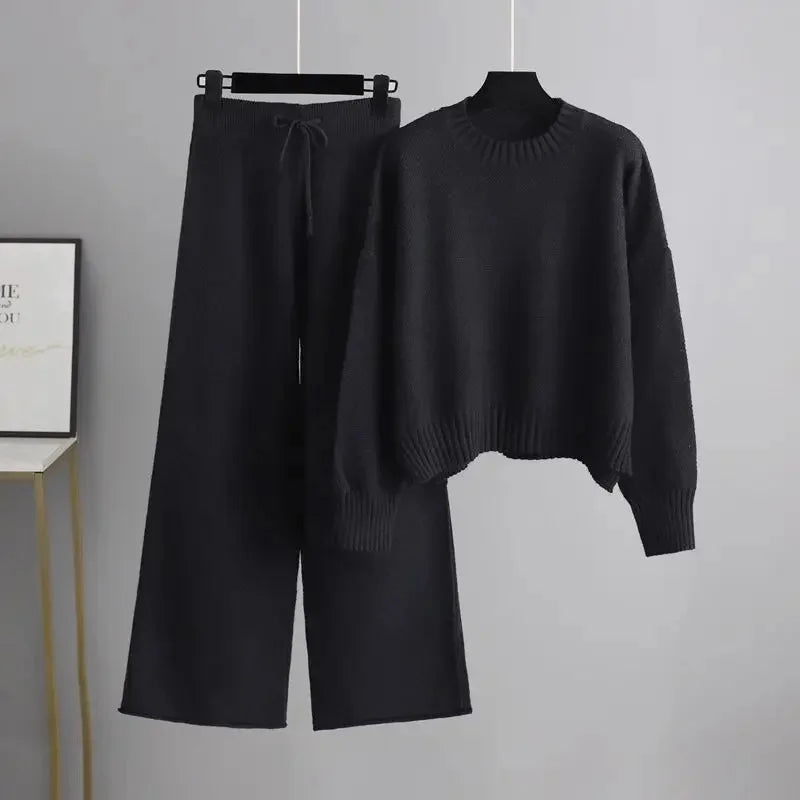 Women's Two-Piece Knit Sweater and Wide-Leg Trousers Set