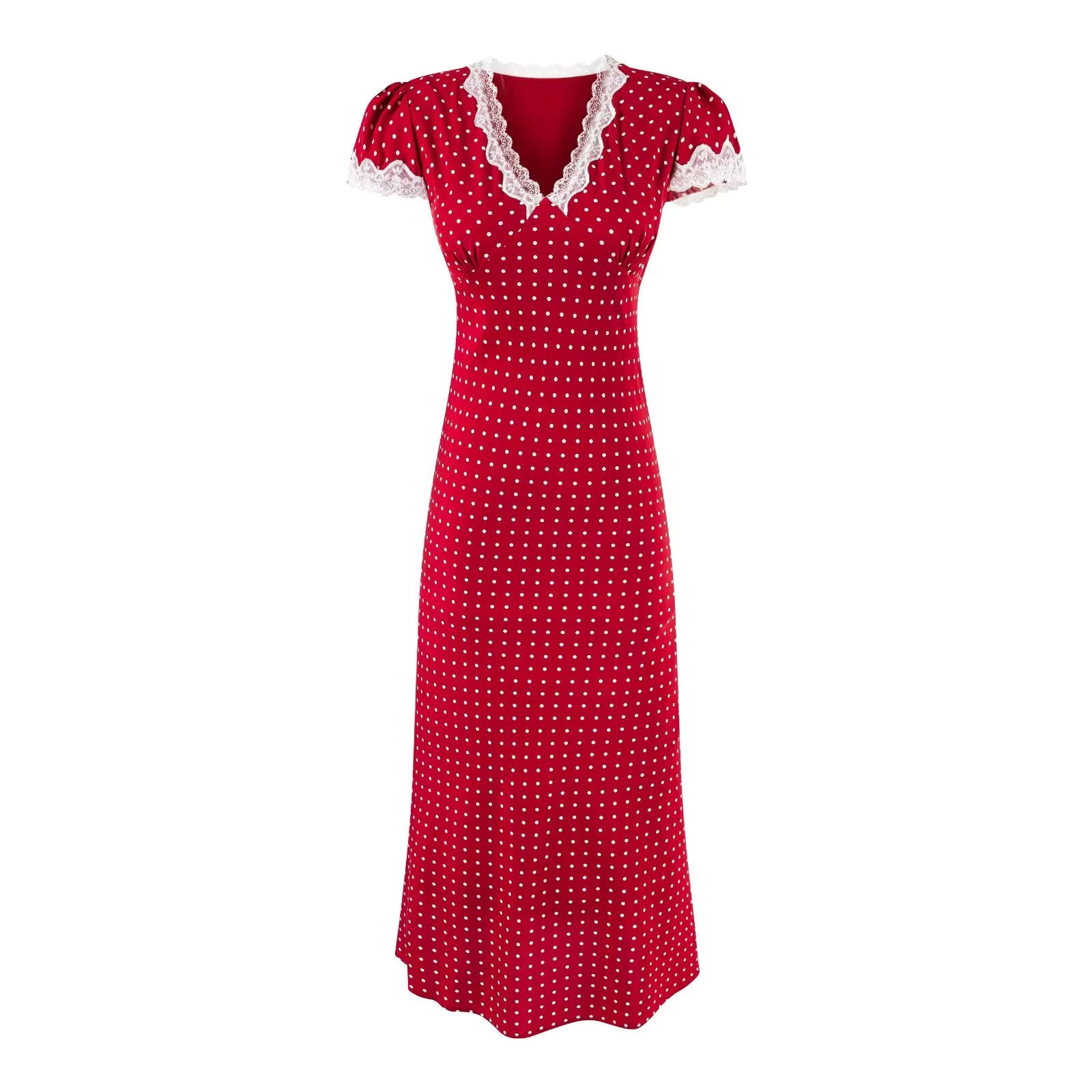 Damen-Midikleid mit Polka-Dots, Spitzenbesatz, tiefem V-Ausschnitt und Puffärmeln