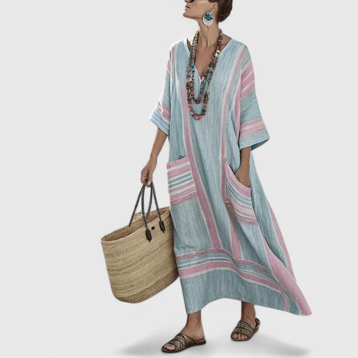 Women's Bohemian Maxi Dress with Woven Stripe Detail and Relaxed Flowing Fit