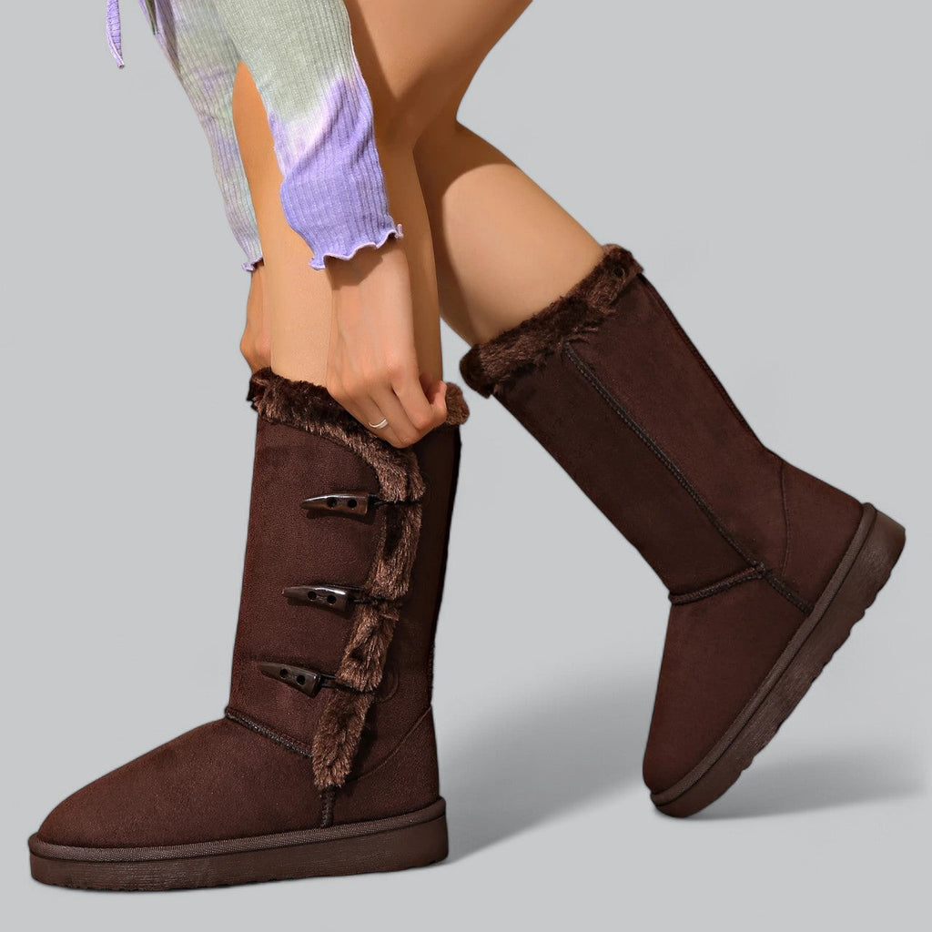 Bottes d’hiver mi-mollet pour femmes, doublées de fausse fourrure