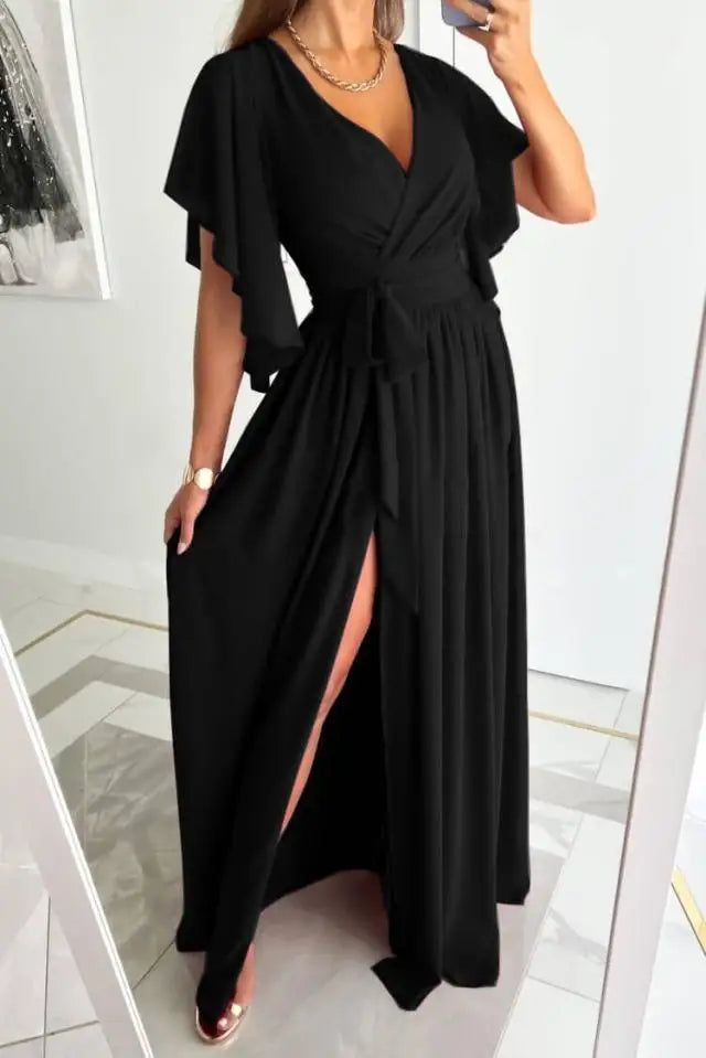 Women Elegant Wrap Maxi Dress with Flowing Skirt and Waist Tie Detail