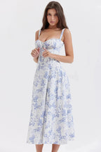 Damen-Midikleid mit Blumenmuster, Korsettoberteil, Seitenschlitz und ausgestelltem Rock