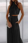 Elegantes zweiteiliges Set mit Drapierung, hohem Kragen und weitem Hosenbein