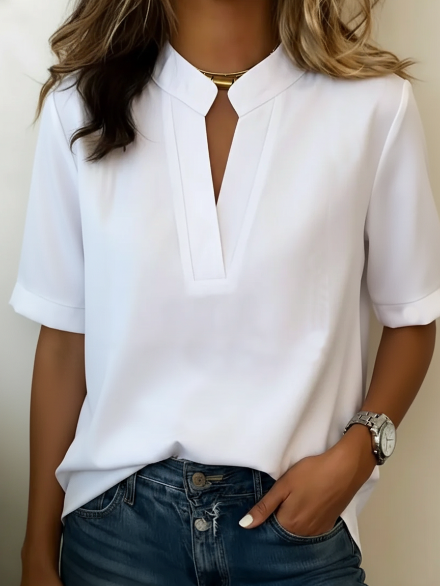 Women's V-Neck Short Sleeve Blouse with Minimalist Collar