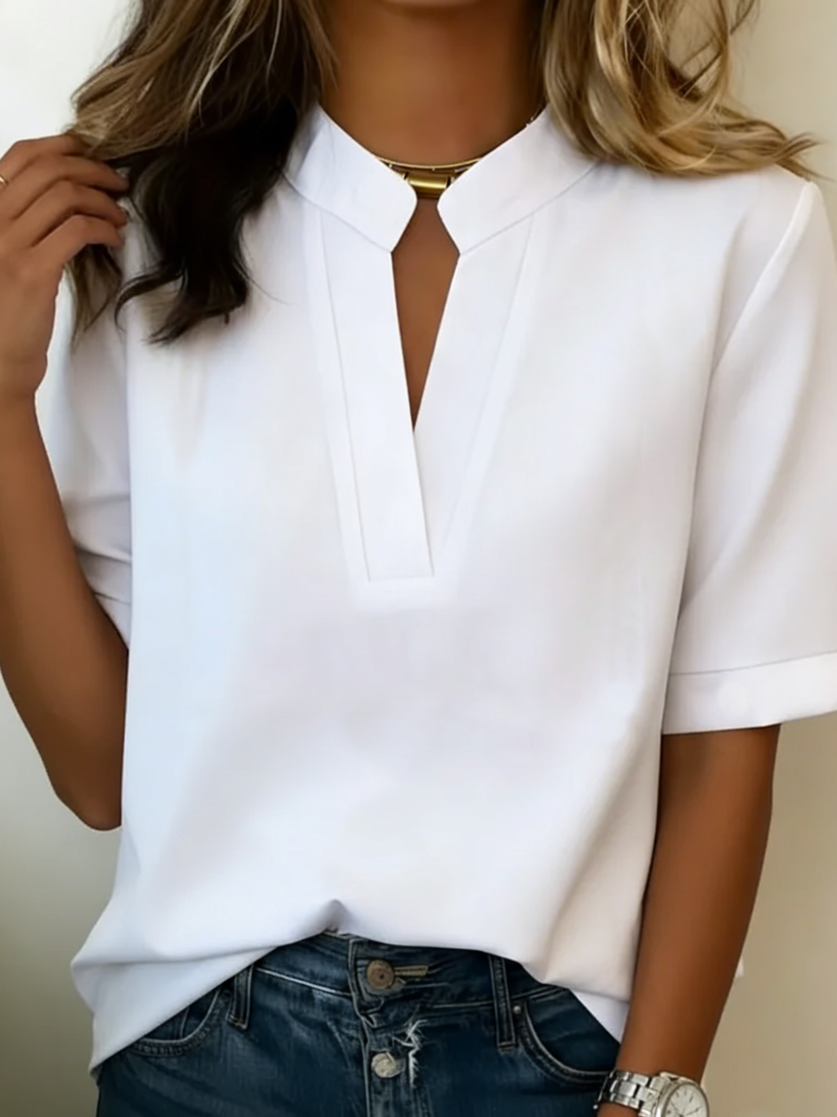 Women's V-Neck Short Sleeve Blouse with Minimalist Collar