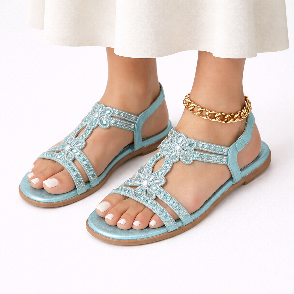 Sandales plates ornées de fleurs pour femme avec bride arrière élastique