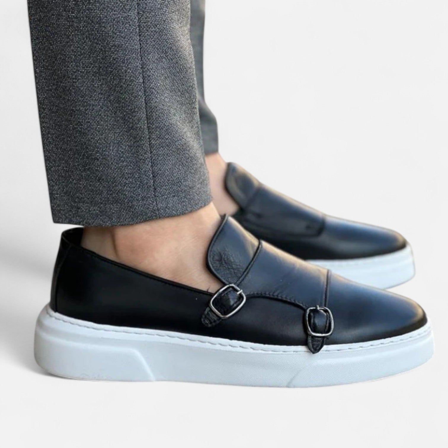 Men's Leather Monk Strap Loafers with Double Buckle and Elevated Sole for Smart Casual Style