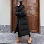 Manteau long matelassé à capuche pour femme