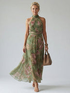 Women's Floral Halter Maxi Dress with Flowing Chiffon Overlay