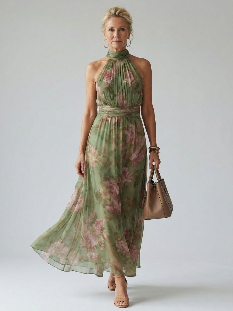Women's Floral Halter Maxi Dress with Flowing Chiffon Overlay