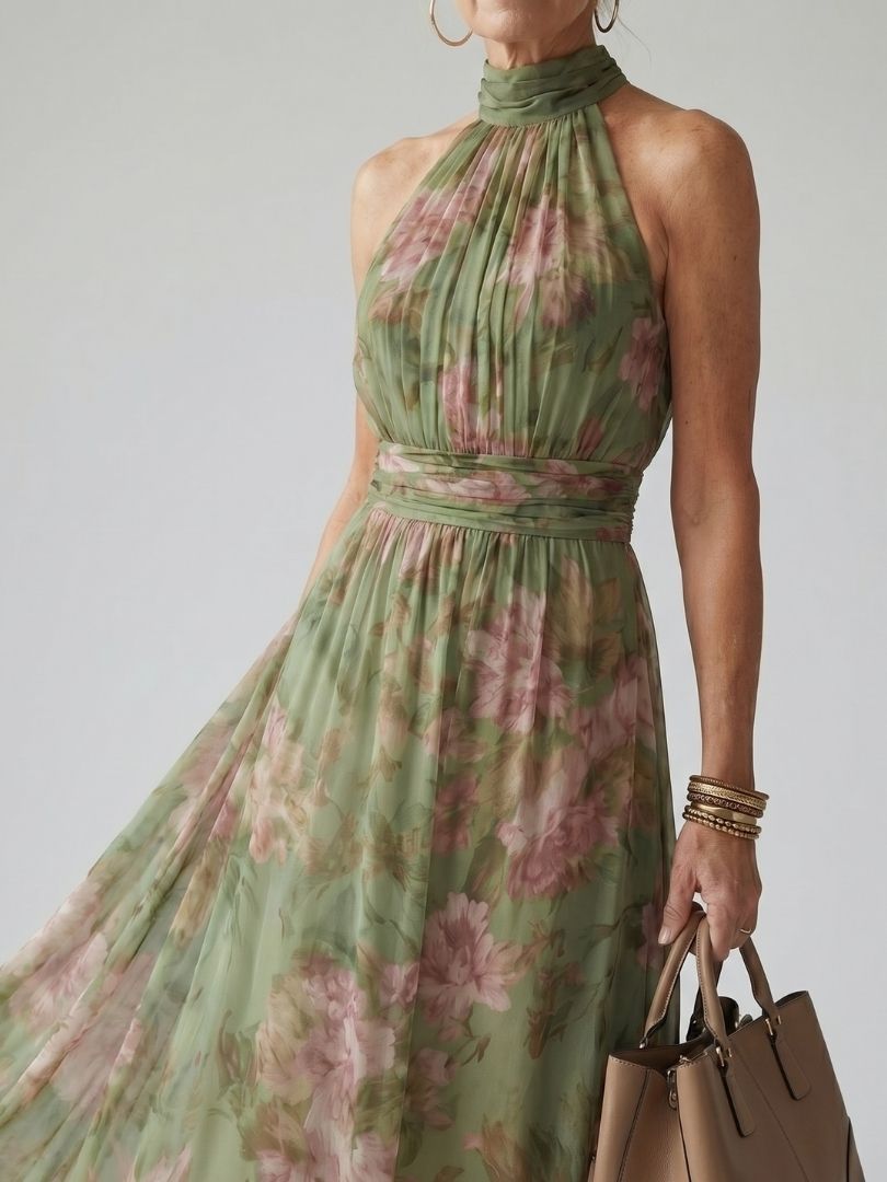 Women's Floral Halter Maxi Dress with Flowing Chiffon Overlay