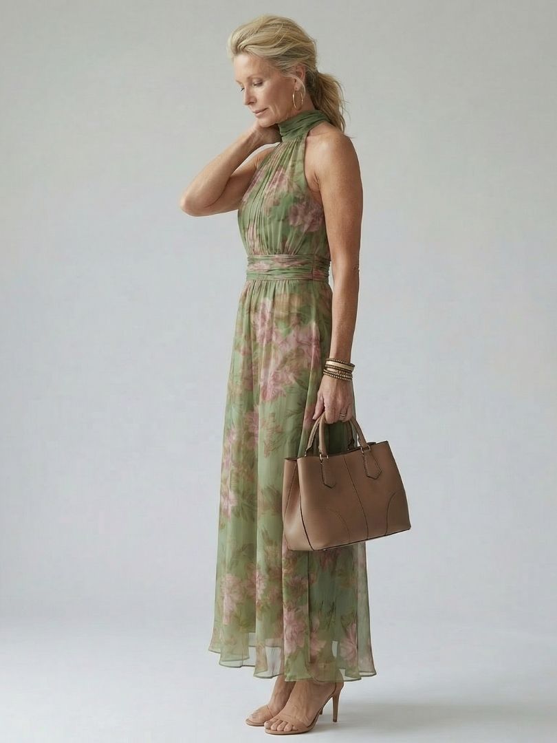 Women's Floral Halter Maxi Dress with Flowing Chiffon Overlay