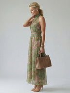 Women's Floral Halter Maxi Dress with Flowing Chiffon Overlay