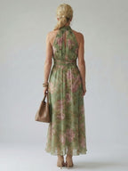 Women's Floral Halter Maxi Dress with Flowing Chiffon Overlay
