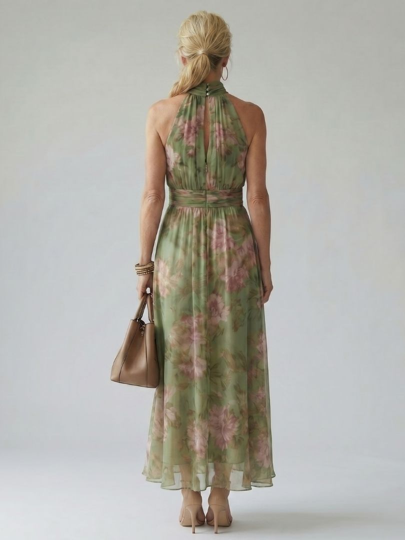 Women's Floral Halter Maxi Dress with Flowing Chiffon Overlay