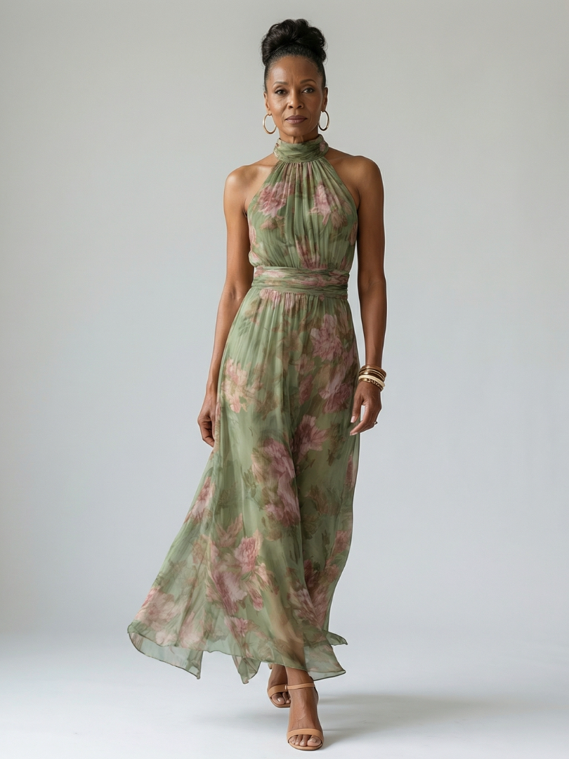 Women's Floral Halter Maxi Dress with Flowing Chiffon Overlay