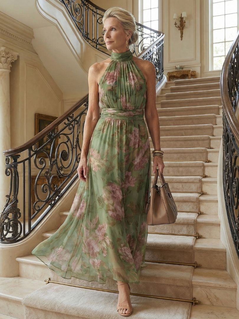 Women's Floral Halter Maxi Dress with Flowing Chiffon Overlay