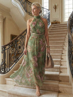 Women's Floral Halter Maxi Dress with Flowing Chiffon Overlay