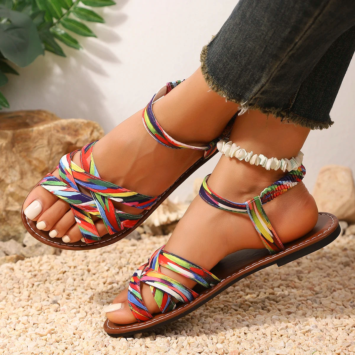 Women's Printed Crisscross Flat Sandals