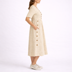 Gestreiftes Midikleid für Damen mit dekorativem Knopfdetail, kurzen Ärmeln und Seitentaschen