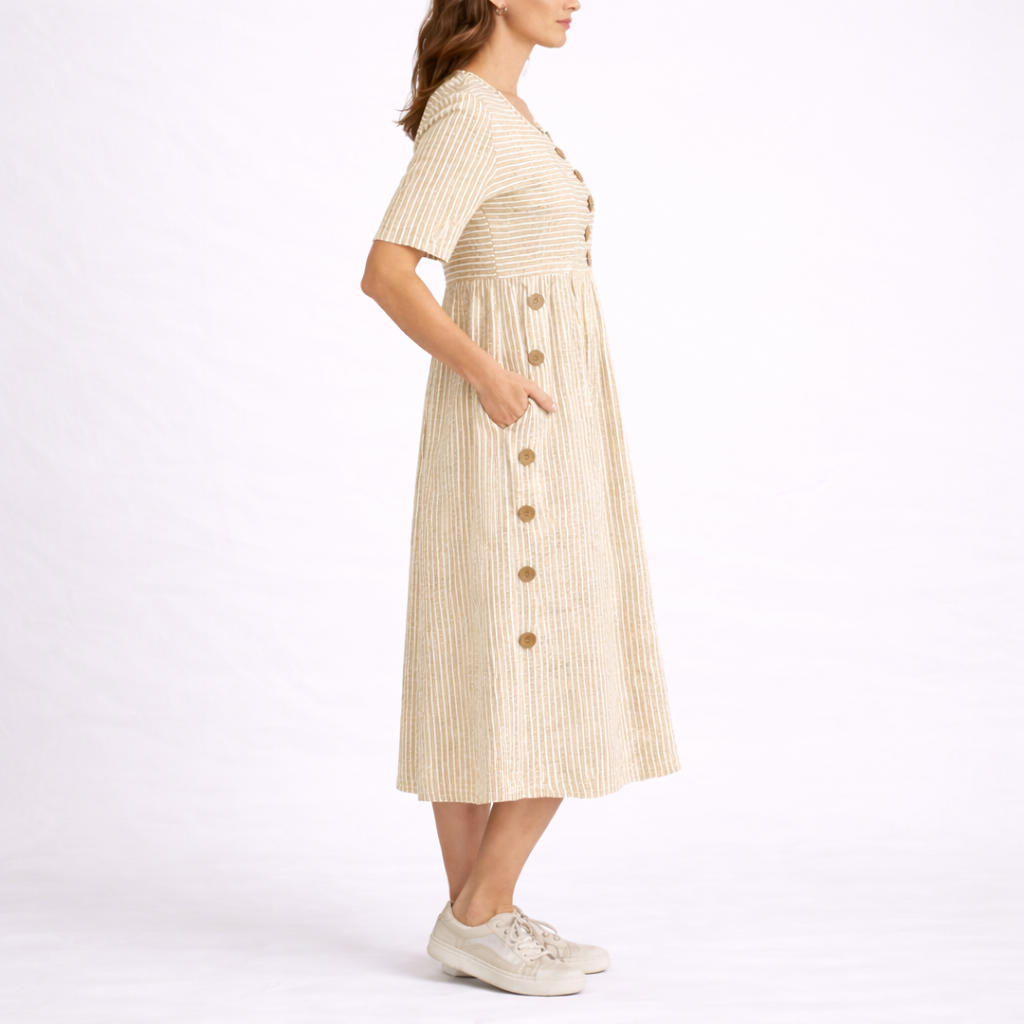 Gestreiftes Midikleid für Damen mit dekorativem Knopfdetail, kurzen Ärmeln und Seitentaschen