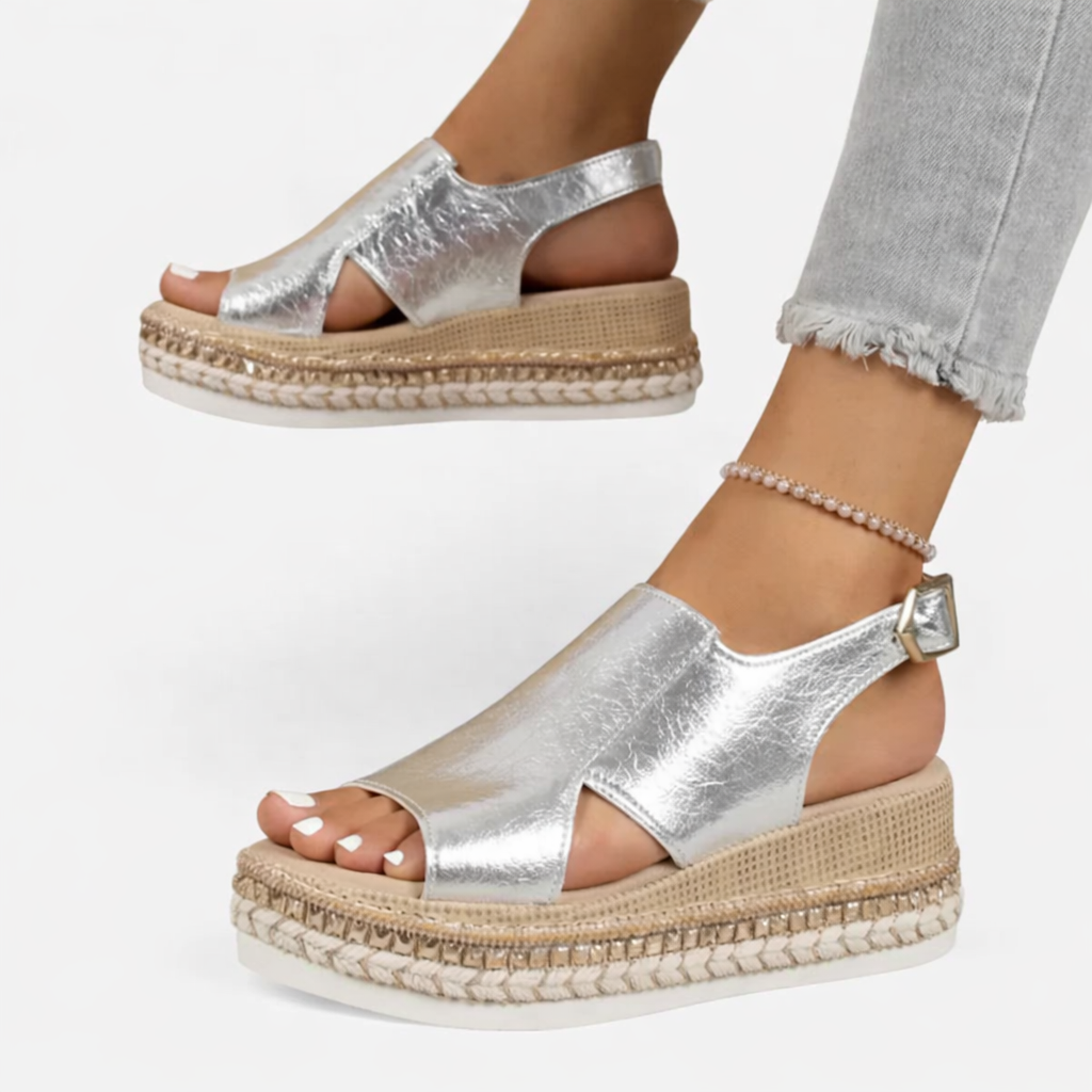 Damen Metallic Plateau-Espadrille-Sandalen mit offenem Zehenbereich und Slingback-Design