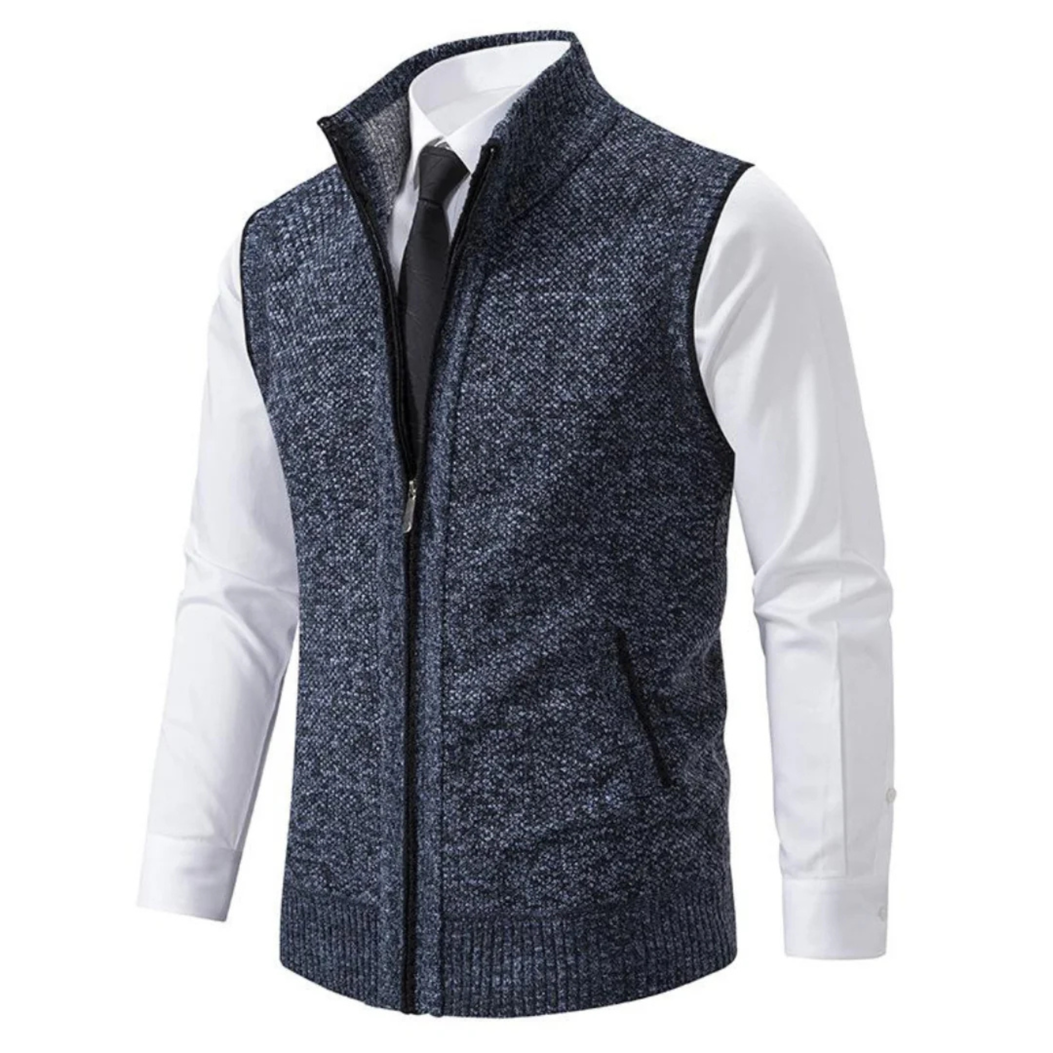 Men's Knitted Zip-Up Gilet with Stand Collar