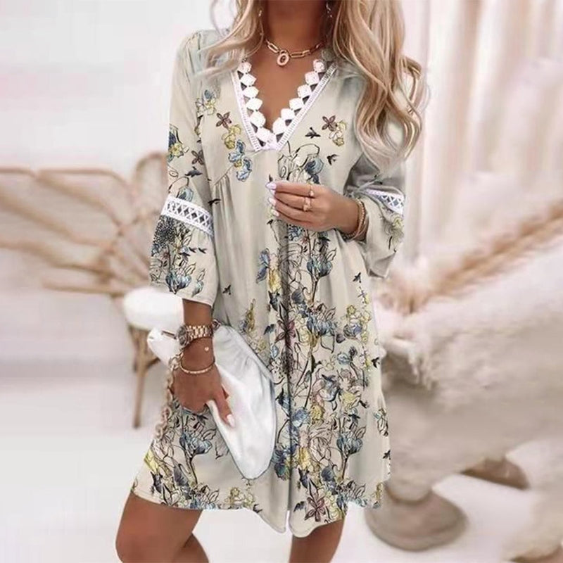 Women's Floral Print V-Neck Tunic Dress with Lace Trim Sleeves