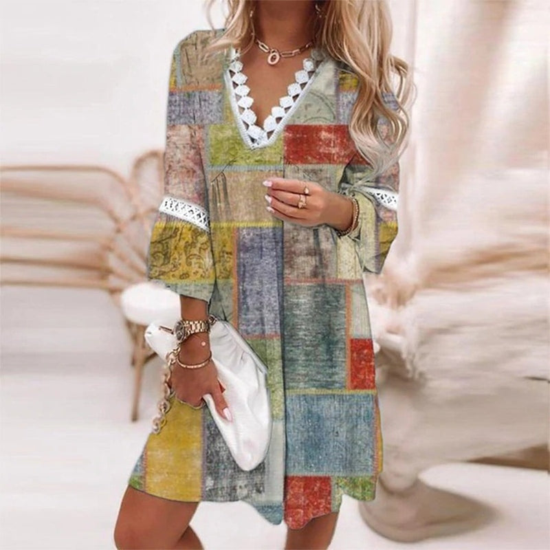 Women's Floral Print V-Neck Tunic Dress with Lace Trim Sleeves