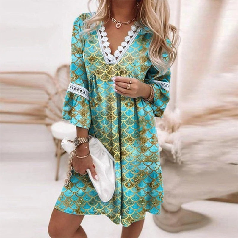 Women's Floral Print V-Neck Tunic Dress with Lace Trim Sleeves