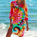 Damen Küsten-Print Strandkleid mit lockerer Passform und V-Ausschnitt