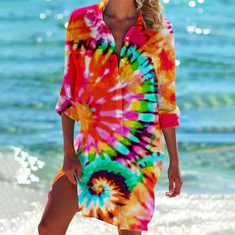 Damen Küsten-Print Strandkleid mit lockerer Passform und V-Ausschnitt