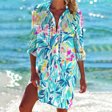 Women's Coastal Print Beach Dress with Relaxed Fit and V-Neck Design