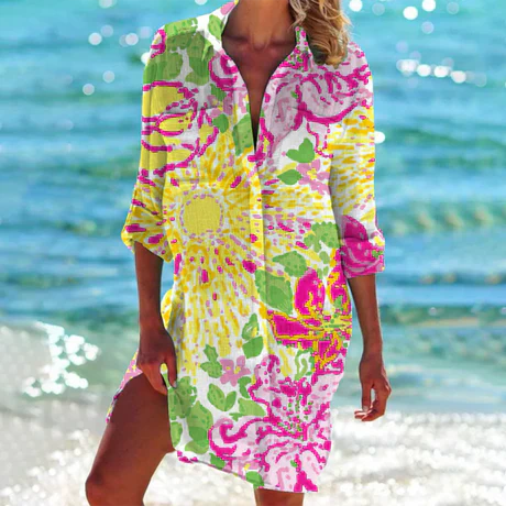 Women's Coastal Print Beach Dress with Relaxed Fit and V-Neck Design