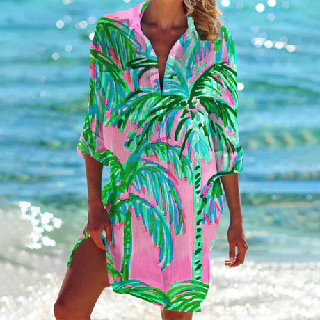 Women's Coastal Print Beach Dress with Relaxed Fit and V-Neck Design