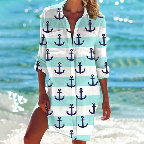 Women's Coastal Print Beach Dress with Relaxed Fit and V-Neck Design