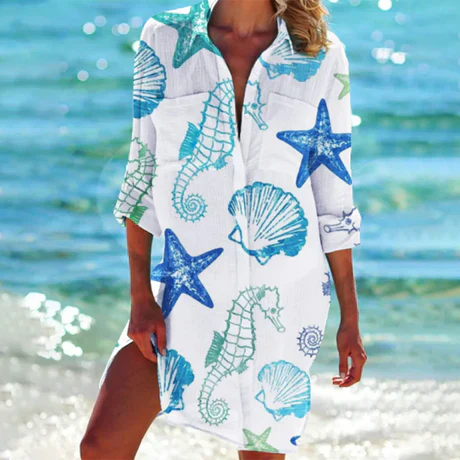 Women's Coastal Print Beach Dress with Relaxed Fit and V-Neck Design