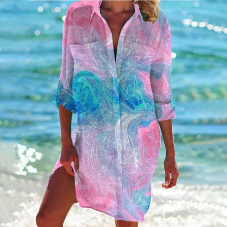 Women's Coastal Print Beach Dress with Relaxed Fit and V-Neck Design