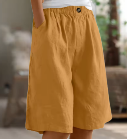 Short bermuda à jambes larges et taille haute pour femme avec poches latérales  