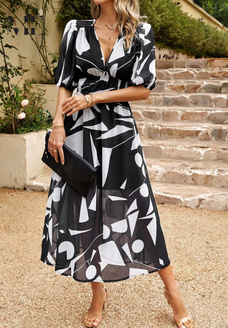 Women's Floral Puff Sleeve Midi Dress for Elegant Summer Occasions