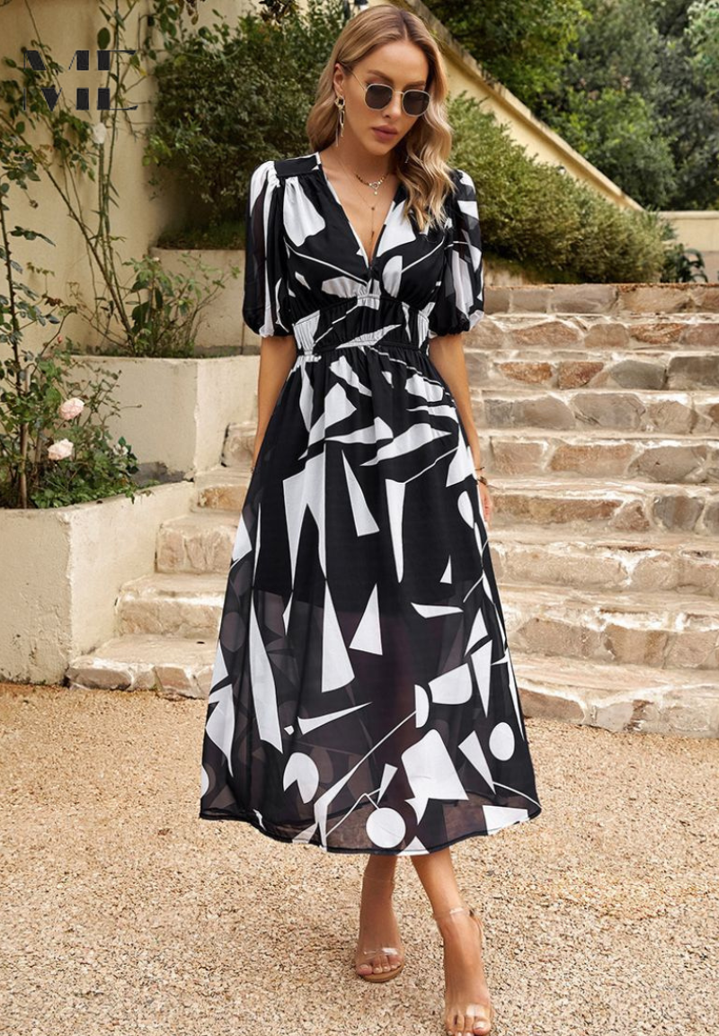 Women's Floral Puff Sleeve Midi Dress for Elegant Summer Occasions