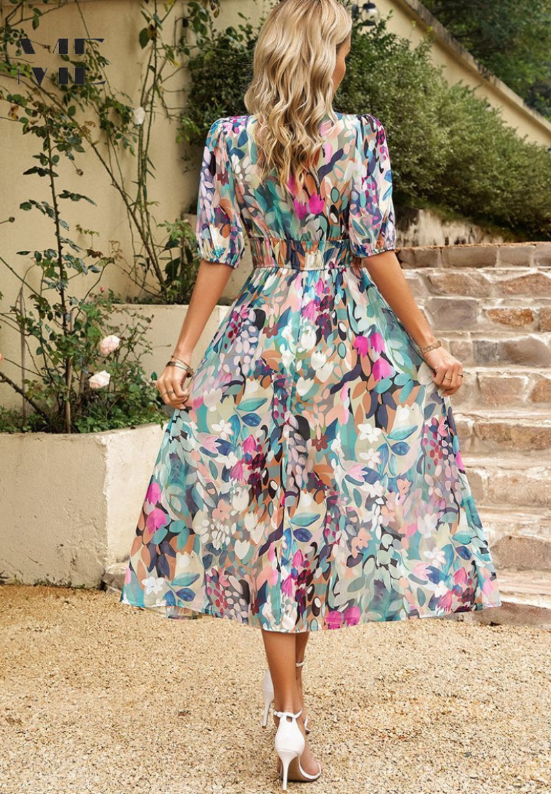 Women's Floral Puff Sleeve Midi Dress for Elegant Summer Occasions